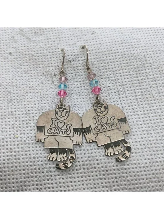 Vtg Edgar Berebi Sterling Silver I Love Cats Dangle Earrings w/Beads - Picture 2 of 5